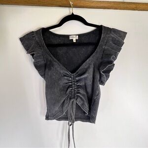 Ruffled V-Neck Crop Top Charcoal Gray SMALL Grunge Babydoll Goth Edgy